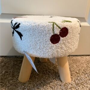 Embroidered Cherry White Accent Stool with Wooden Legs